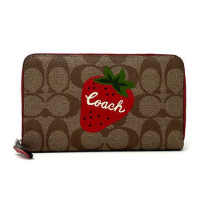 Coach Medium Id Zip Wallet Signature Canvas Wild Strawberry Khaki Red CH529